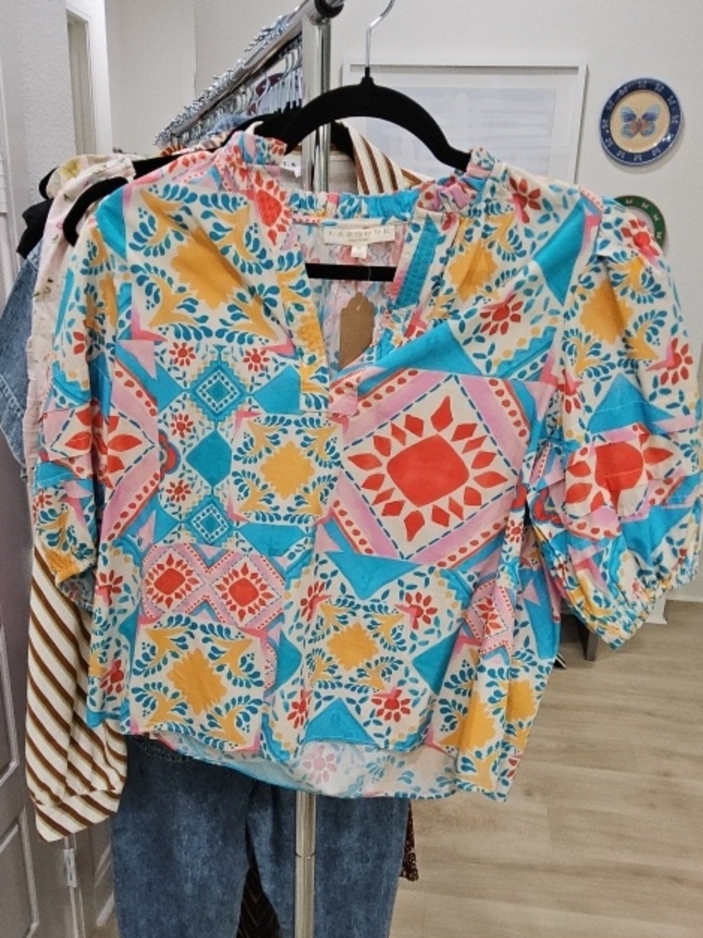 Tile-Print Puff Sleeve Blouse in Multicolor